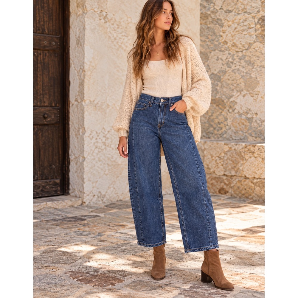 Old Navy Barrel Leg Jeans Women Sz 12 (32x25) Crop Stretch High Rise